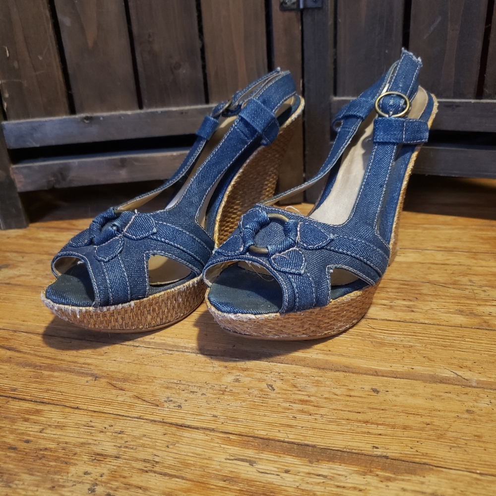Qupid Denim Straw Weave Wedges